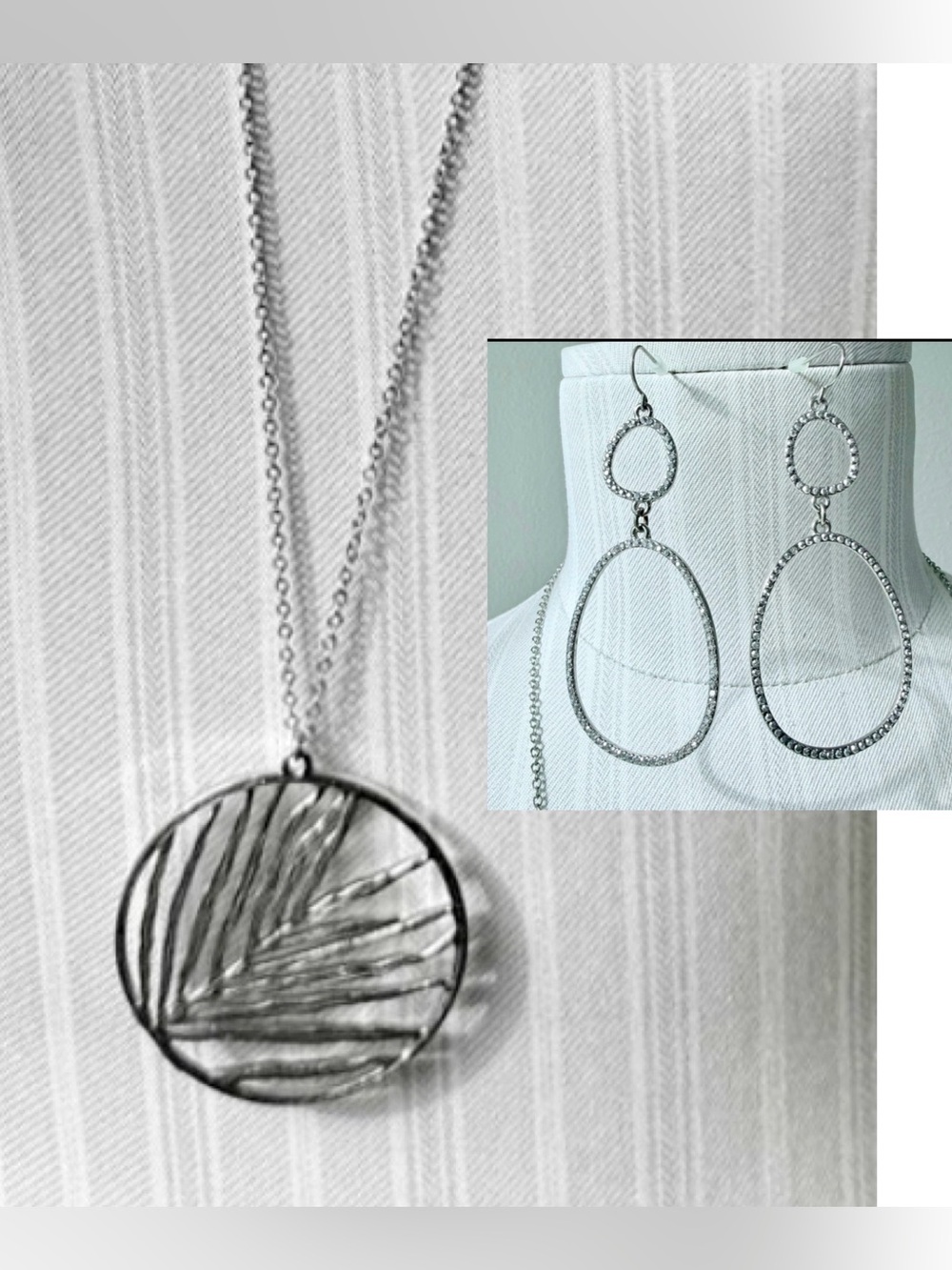 Silver-Tone Statement Set:Palm Leaf Pendant Necklace & Pavé Drop Hoop Earrings